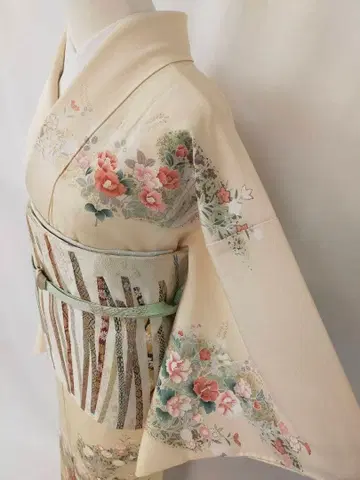 새상품급 순수 실크 이중 기모노 수제 유젠 호몬기와 후쿠로 오비