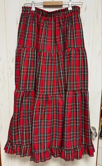 PUNYUS 프릴 체크 스커트 (빨간색)