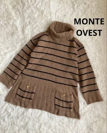 몬테오 베스트 터틀넥 보더 베이지 긴팔 넉넉한 울 혼방