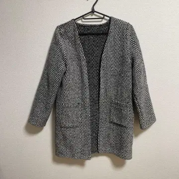 노카라 자켓 화이트 블랙 헤링본