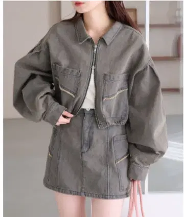 Kastane 데님 더블 ZIP 크롭 자켓