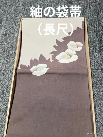 츠무기 후쿠로 오비 오타이코 패턴 손그림 동백 문양 금은사 순수 실크
