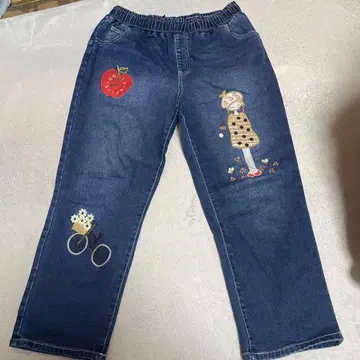 자수 디자인 다크 블루 데님 팬츠