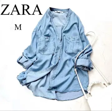 ZARA V넥 밴드 카라 롤업 데님 셔츠