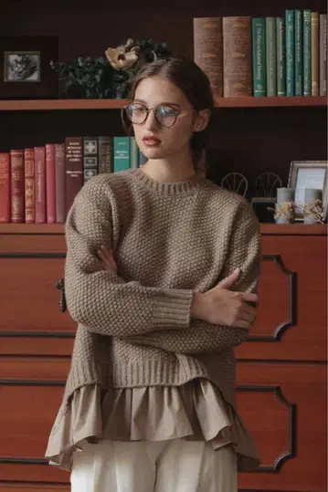 UNMINOU 앙미누 도킹 니트 프리 사이즈 프릴 브라운