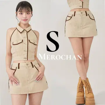 다리치 스웨이드 파이핑 데님 미니 스커트 베이지