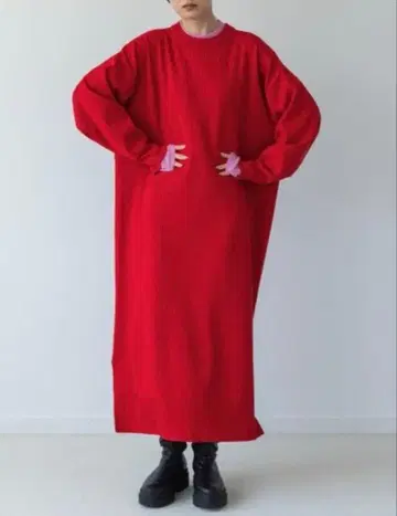 yuw 바이 컬러 니트 원피스 레드