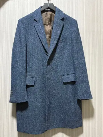 네이비 헤링본 트위드 체스터 코트
