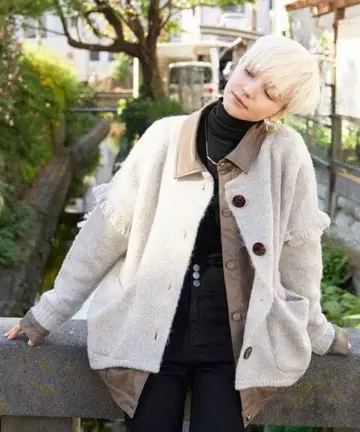 완판 KOH.style 에코 가죽 도킹 프린지 니트 자켓