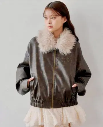 chico 페이크 레더 루즈 지퍼 블루종 브라운