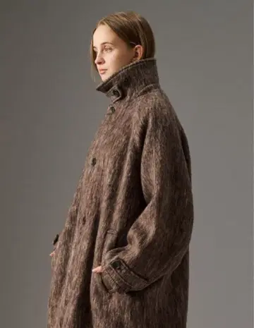 멜란지 샤기 스텐카라 코트 롱 코트 울 니트 구제 의류 풍