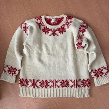 칼 헬무트 80s 빈티지 아이보리에 빨간색 눈꽃 무늬 니트 스웨터