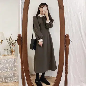 레트로 걸리시 브라운 긴팔 원피스