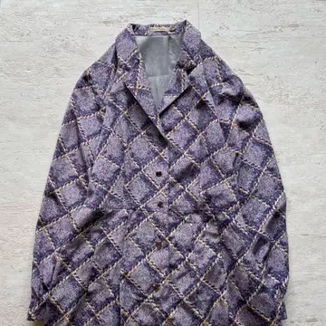 쇼와 레트로 보라색 퍼플 격자 무늬 롱 원피스 클래시컬 오픈 카라