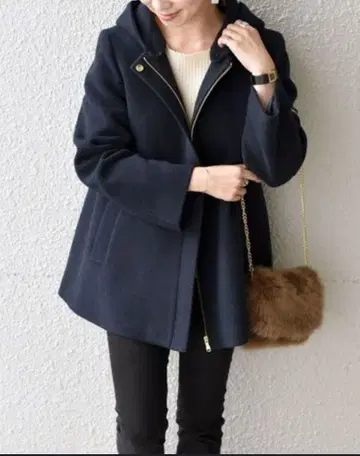 khaju 울 미디엄 코트 노카라 후드 네이비