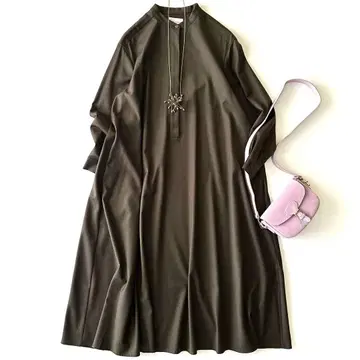 새상품급 유나이티드 애로우즈 울 혼방 밴드 카라 셔츠 원피스 36 카키