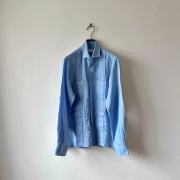 빈티지 쿠바 셔츠 긴팔 린넨 스카이블루 M 아메카지 무지 레트로