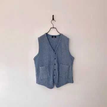 빈티지 일본제 니트 베스트 프론트 오픈 V넥 L 레트로 두툼한 인디고