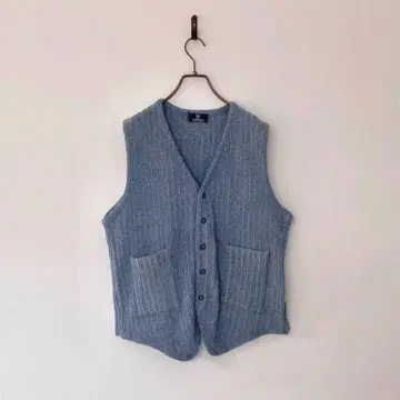 빈티지 일본제 니트 베스트 프론트 오픈 V넥 L 레트로 두툼한 인디고