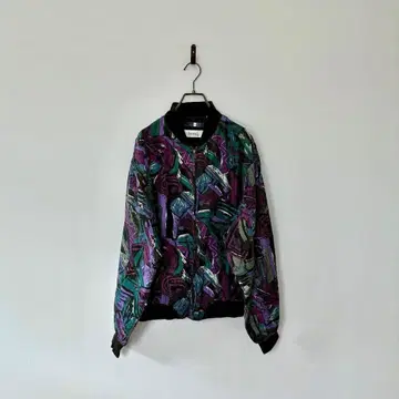 구제 올 패턴 블루종 실크 자켓 아트 모드 화려한 L 멋진 실크 블랙
