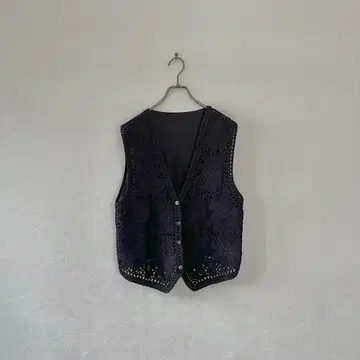 구제 의류 크로셰 베스트 코드 자수 꽃무늬  블랙 L 레트로