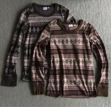 워싱 메이드 노스탤지어 패턴 롱 T셔츠 2장 세트 리브 T셔츠 브라운