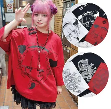 볼칸 차이나 T셔츠 서브컬쳐 T셔츠 지뢰계 병약미 레드