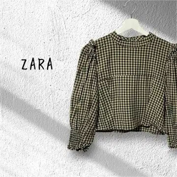ZARA 자라 스탠드 카라 숏 기장 깅엄 체크 7부 소매 블라우스