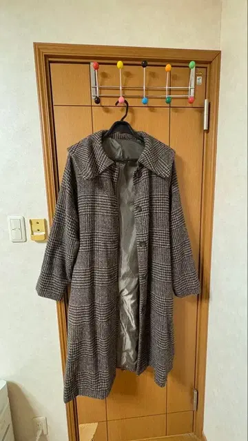 체크 무늬 롱 코트 허리 리본 포함