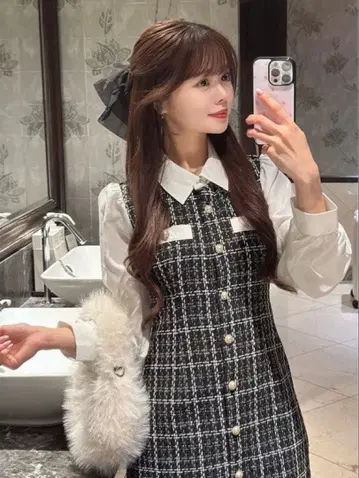 배색 옷깃 트위드 체크 무늬 미니 원피스 [tg905]