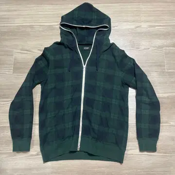 BEAMS HEART 다크 그린 체크 무늬 후드티 L