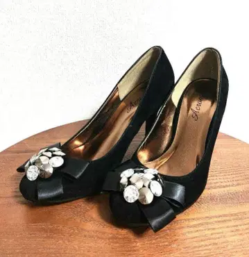 블랙 하이힐 펌프스 리본 엘레강트 스웨이드 느낌 M 23.5cm