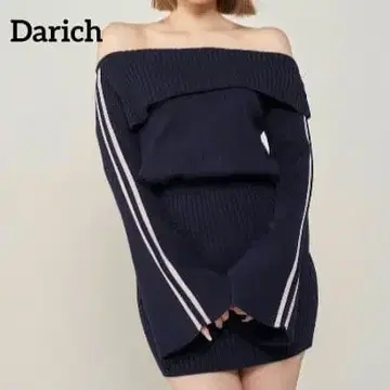 새상품급 Darich 오프숄더 라인 니트 미니 원피스 네이비 2way