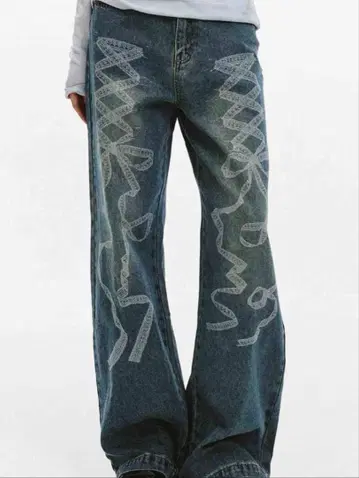 리본 무늬 데님 팬츠 레이스업 리본 무늬