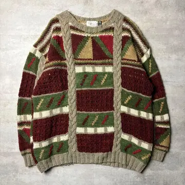 80s 우루과이제 핸드 니트 올 패턴 로우 게이지 손뜨개질 니트 스웨터