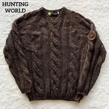 HUNTING WORLD 케이블 니트 울 가죽 와펜 브라운 S