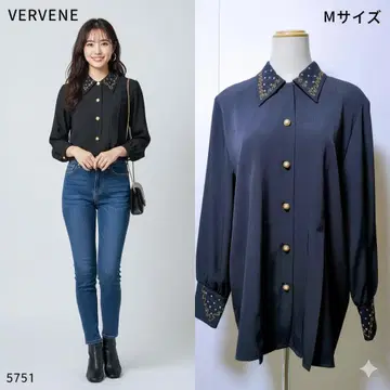 VERVENE 골드 버튼 블라우스 셔츠 자수 블랙 긴팔