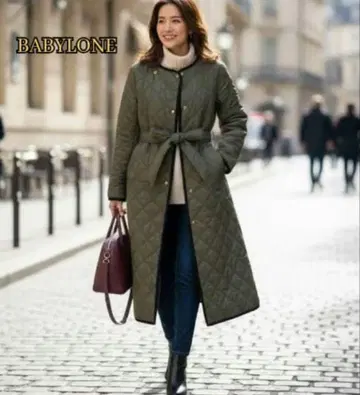 바빌론 퀼팅 코트 레오파드 무늬 보아 롱 노카라