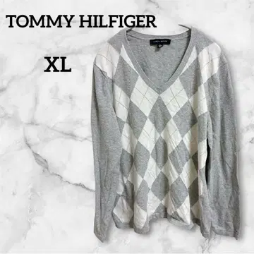 TOMMY HILFIGER XL 아가일 V넥 니트 스웨터 오버 사이즈