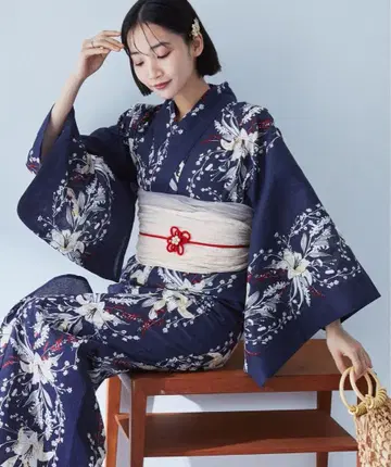 꽃무늬 네이비 유카타 오비 세트