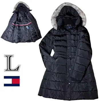 미사용급 타미힐피거 다운 코트 롱 A라인 후드 블랙