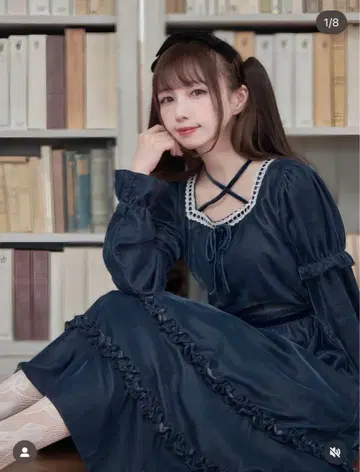 시마무라 미나카타 유이 클래시컬 프릴 벨로아 원피스 블루 M 사이즈