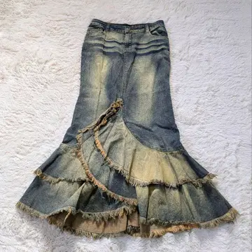 y2k grunge fairygrunge 데님 프린지 머메이드 스커트