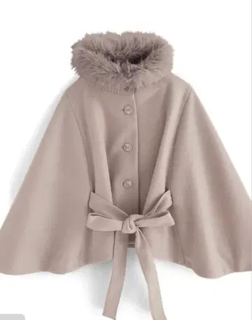 퍼 칼라 리본 벨트 부착 판초 코트 핑크