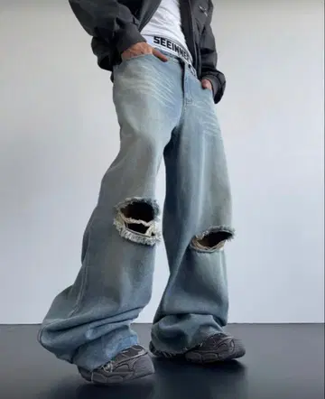 와이드 레그 데님 팬츠 연한 블루