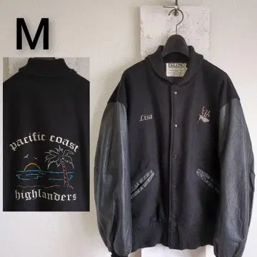 USA제 DeLong 바시티 자켓 하이랜더즈 자수 가죽 소매 빈티지