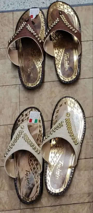 [ 미사용 2켤레 ] 샌들 뮬 자수 골드 브라운 여성용 L