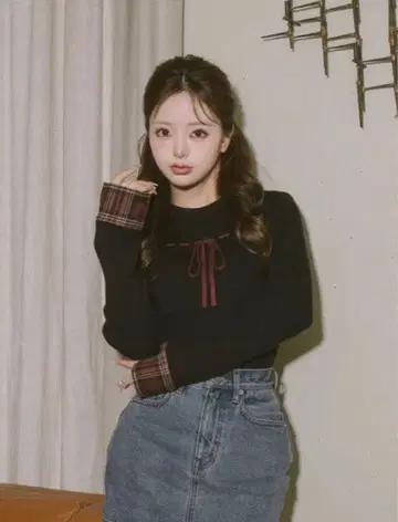 Darich 체크 커프스 리본 니트탑