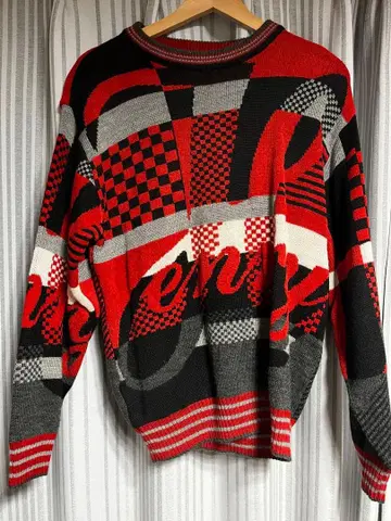 USED 구제 의류 HENRY VAL 체크 무늬 니트 스웨터 레트로 버블