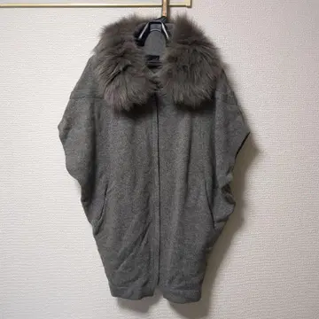 그레이 퍼 후드 판초 울 혼방